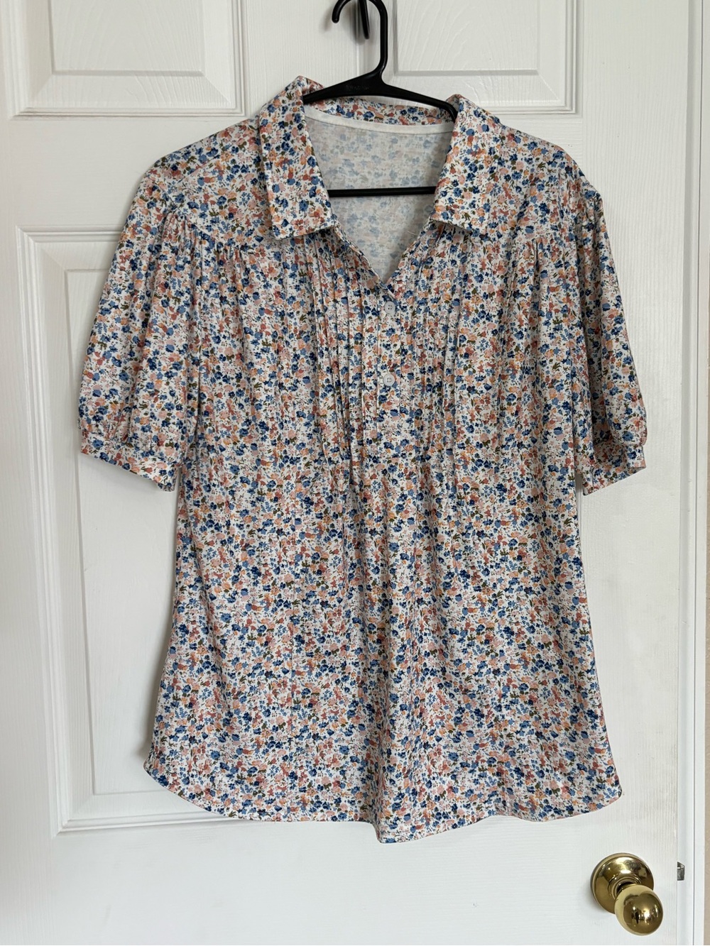 Women’s Floral Collared Henley Top Large Cottagecore Stretch Short Sleeve Blouse